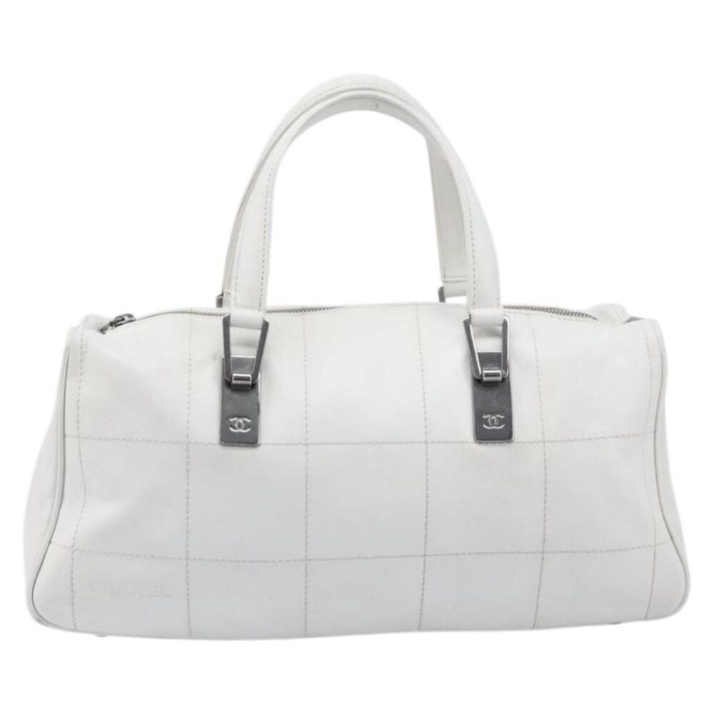 Chanel Square Stitch Cc Boston Quilted Leather White Leather Handbag